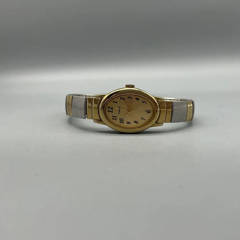 Timex Womens Watch 18mm Champagne Dial Two Tone Gold Silver Stretch New Battery